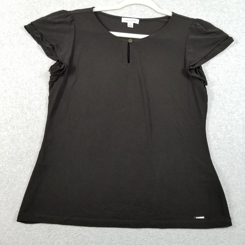 Calvin Klein Top Women's S Small Black Keyhole Blouse Casual Work Stretch Jersey